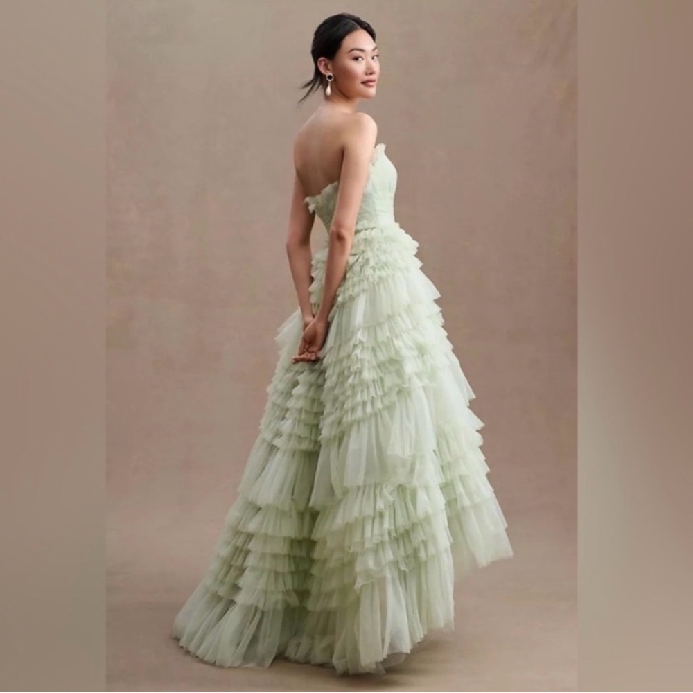Mac Duggal Pale Mint Tiered Tulle Strapless Prom Gown